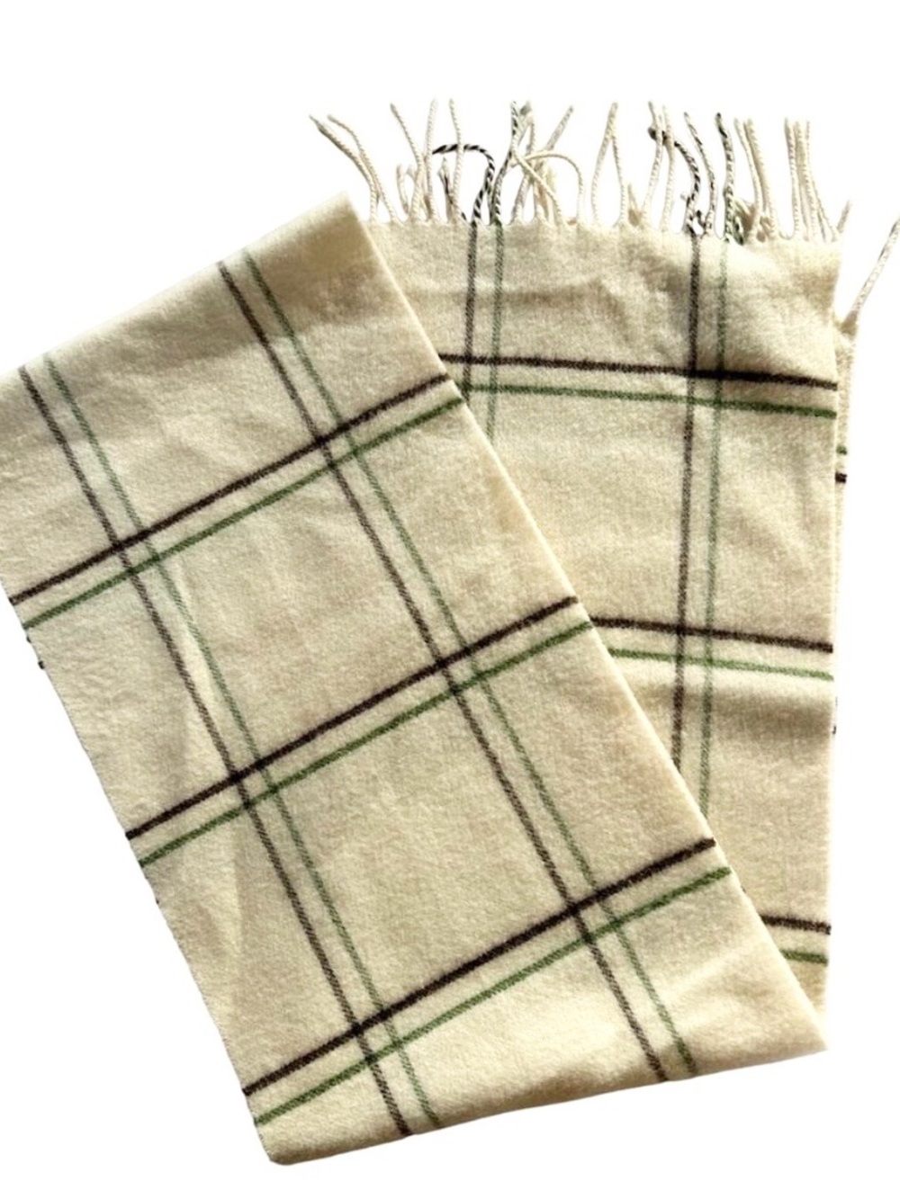 Barbour 100% Cashmere Scotland Ivory Plaid Scarf w/ Fringe Preppy Holiday Soft